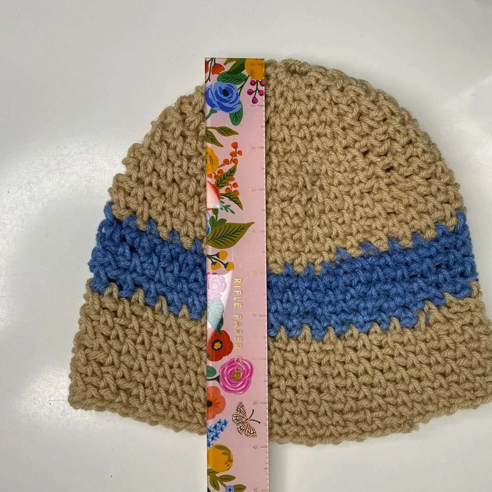Handmade Crochet Beanie Hat‎ Tan Blue Stripe Adult Women Winter Warm Cottagecore